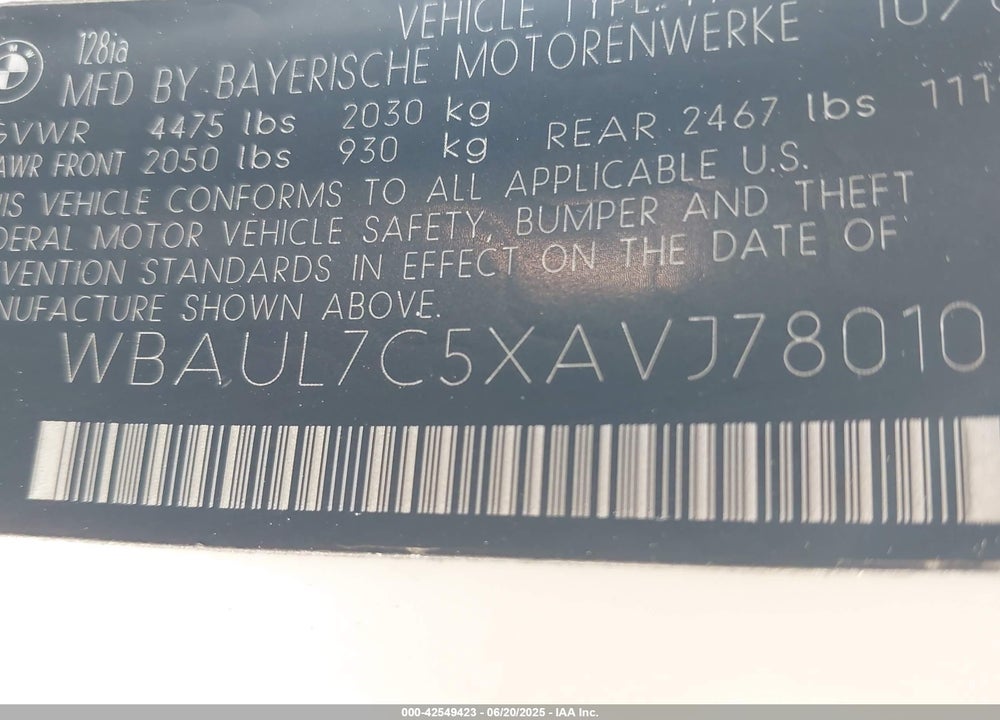 2010 BMW 128I VIN: WBAUL7C5XAVJ78010