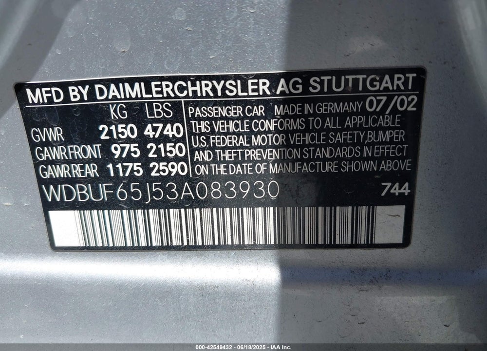 2003 MERCEDES-BENZ E 320 VIN: WDBUF65J53A083930