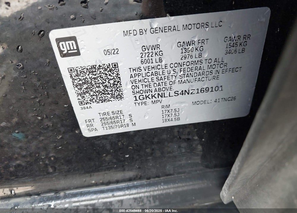2022 GMC ACADIA VIN: 1GKKNLLS4NZ169101