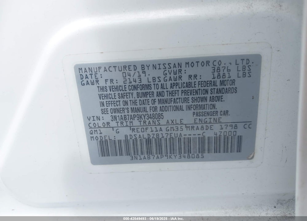 2019 NISSAN SENTRA VIN: 3N1AB7AP9KY348085