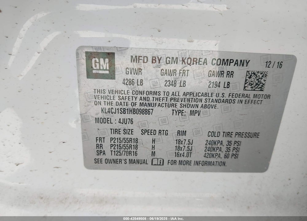 2017 BUICK ENCORE VIN: KL4CJ1SB1HB098867