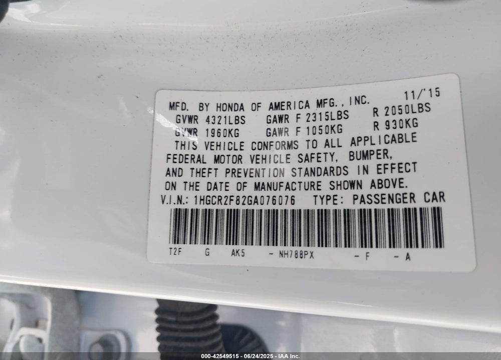 2016 HONDA ACCORD VIN: 1HGCR2F82GA076076