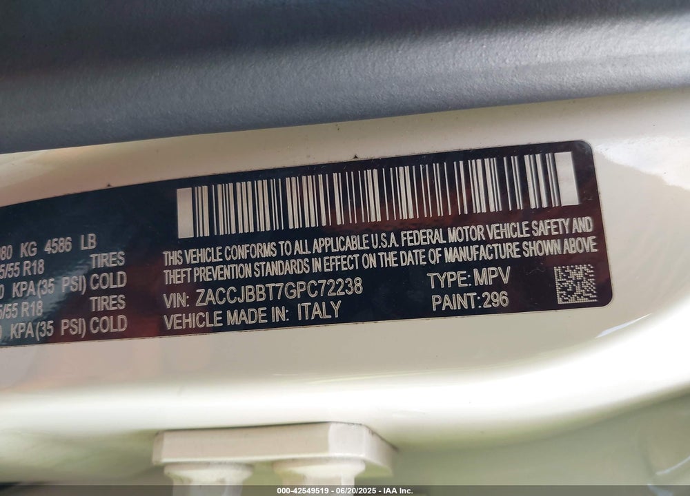 2016 JEEP RENEGADE VIN: ZACCJBBT7GPC72238