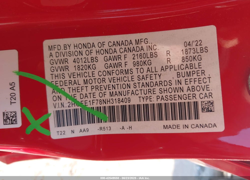 2022 HONDA CIVIC VIN: 2HGFE1F78NH318409