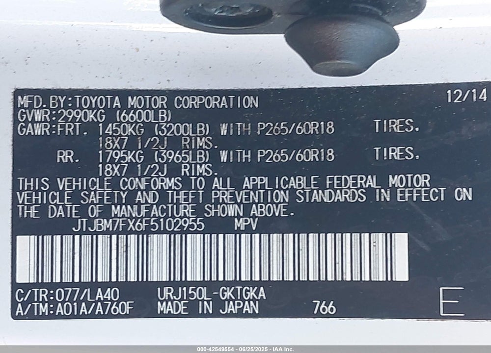 2015 LEXUS GX460 VIN: JTJBM7FX6F5102955