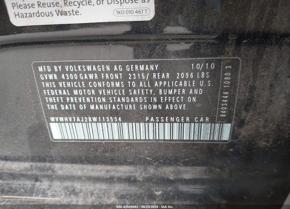 2011 VOLKSWAGEN GTI VIN: WVWHV7AJ2BW113534