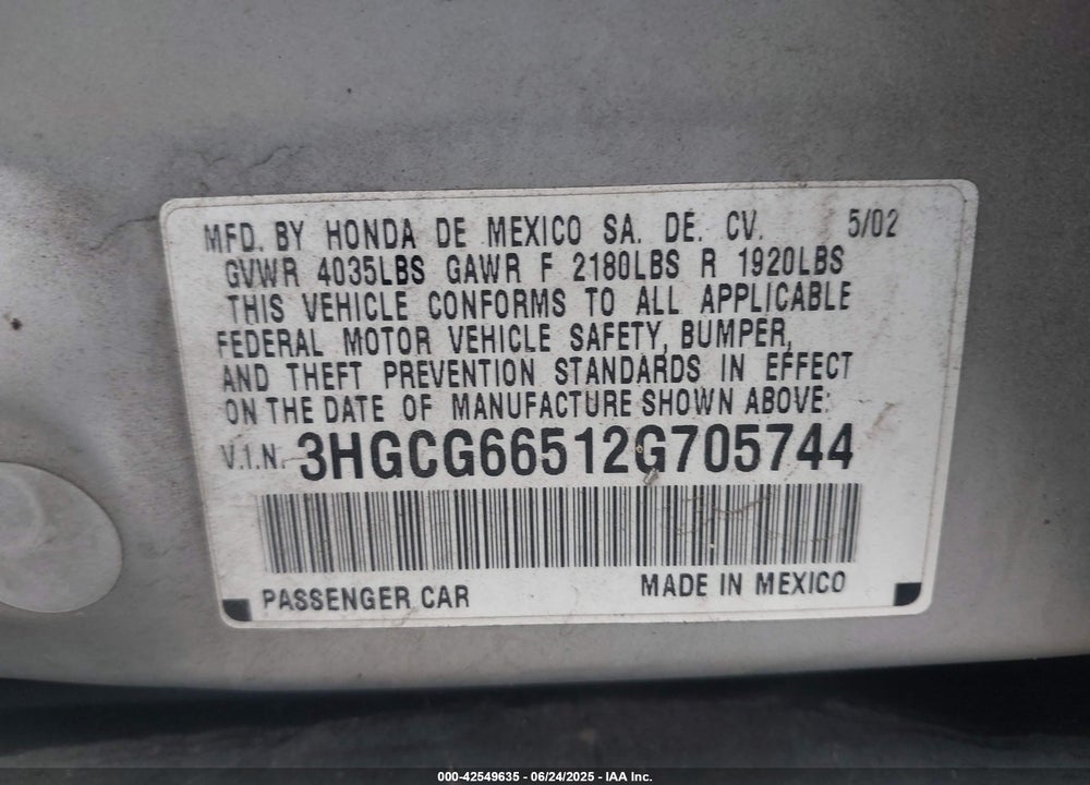 2002 HONDA ACCORD VIN: 3HGCG66512G705744