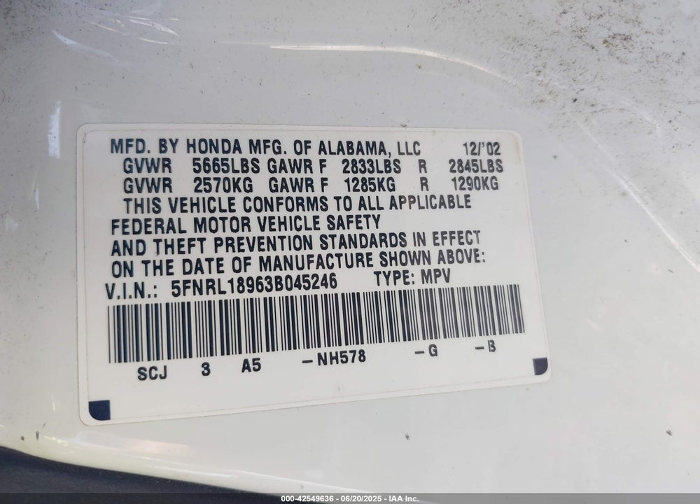 2003 HONDA ODYSSEY EX-L VIN: 5FNRL18963B045246