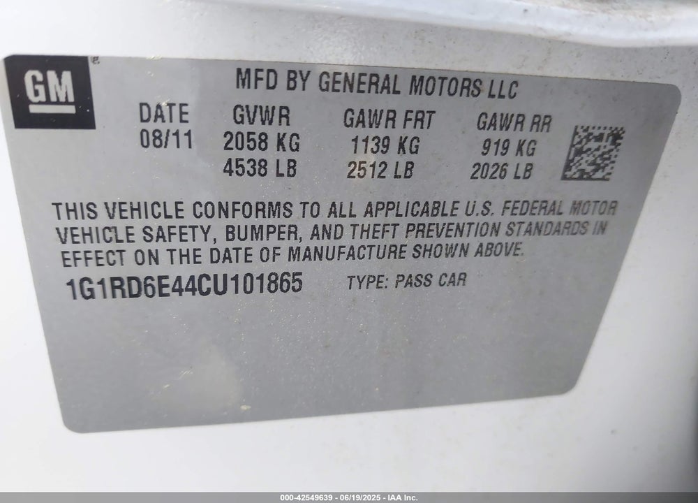 2012 CHEVROLET VOLT VIN: 1G1RD6E44CU101865