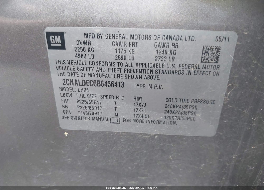 2011 CHEVROLET EQUINOX 1LT VIN: 2CNALDEC6B6436413
