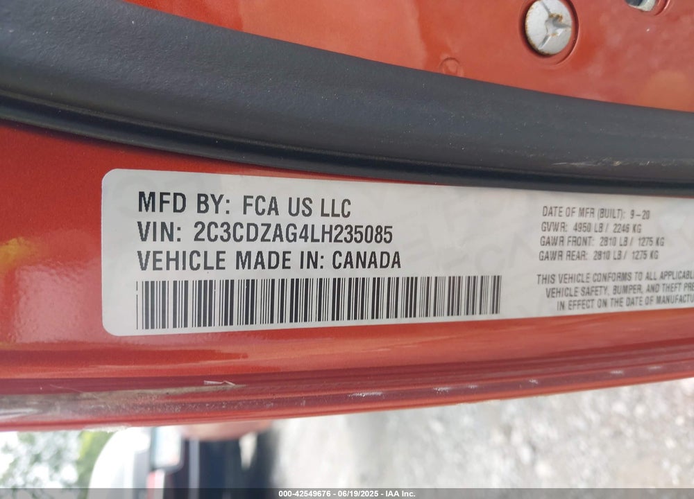 2020 DODGE CHALLENGER VIN: 2C3CDZAG4LH235085