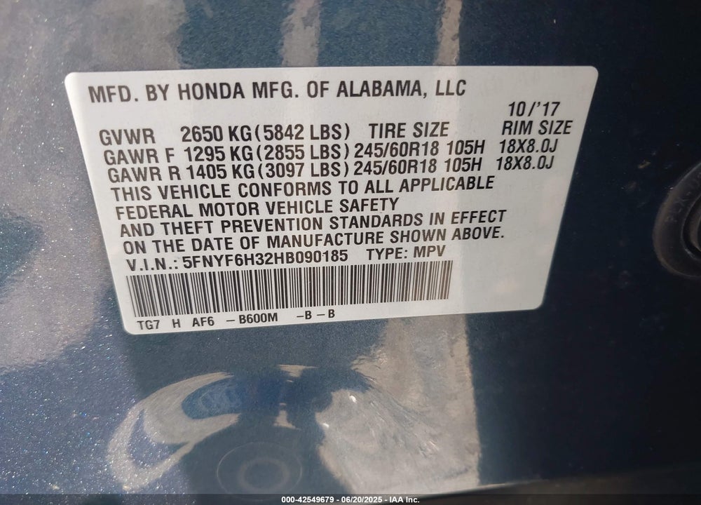2017 HONDA PILOT VIN: 5FNYF6H32HB090185
