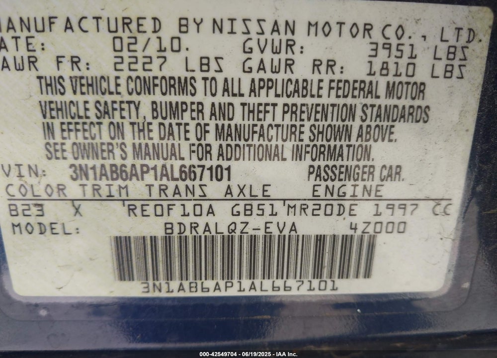 2010 NISSAN SENTRA VIN: 3N1AB6AP1AL667101