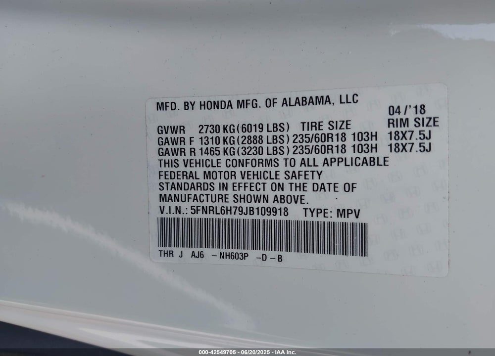 2018 HONDA ODYSSEY EX-L VIN: 5FNRL6H79JB109918