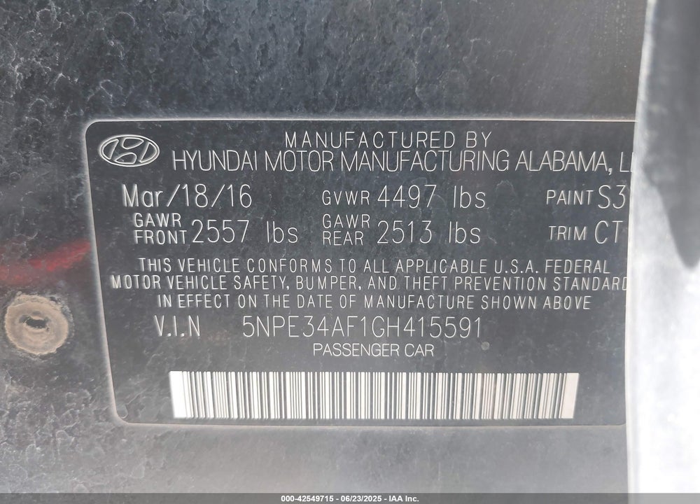 2016 HYUNDAI SONATA SPORT VIN: 5NPE34AF1GH415591