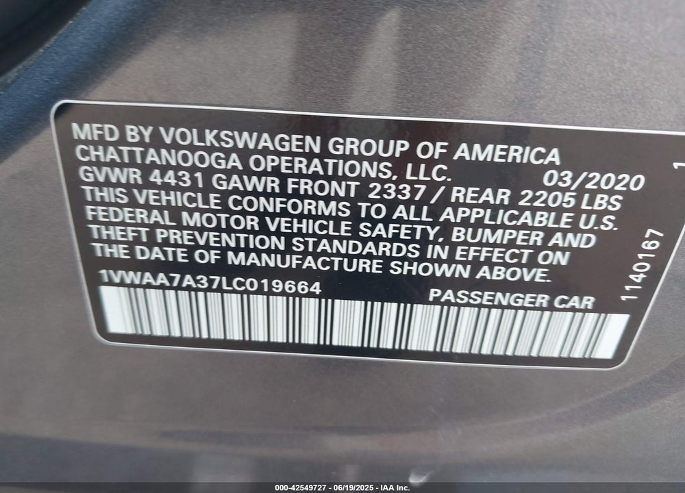 2020 VOLKSWAGEN PASSAT VIN: 1VWAA7A37LC019664