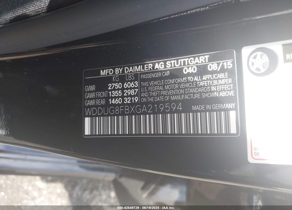 2016 MERCEDES-BENZ S CLASS VIN: WDDUG8FBXGA219594