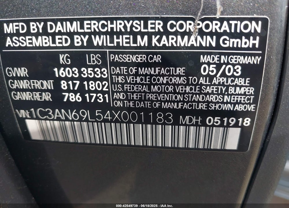 2004 CHRYSLER CROSSFIRE VIN: 1C3AN69L54X001183