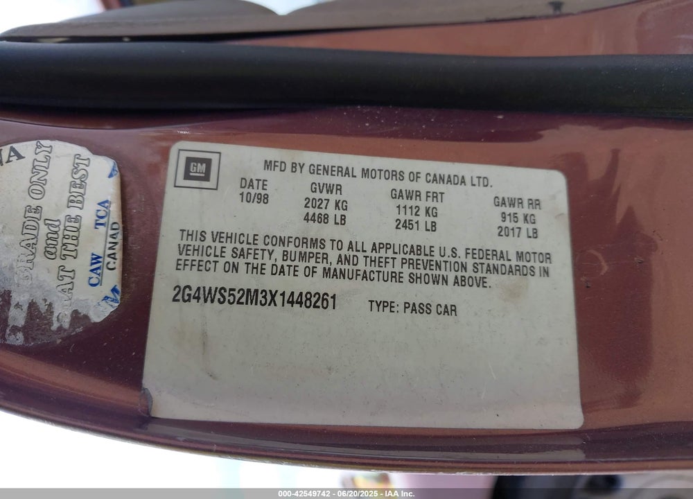 1999 BUICK CENTURY CUSTOM VIN: 2G4WS52M3X1448261