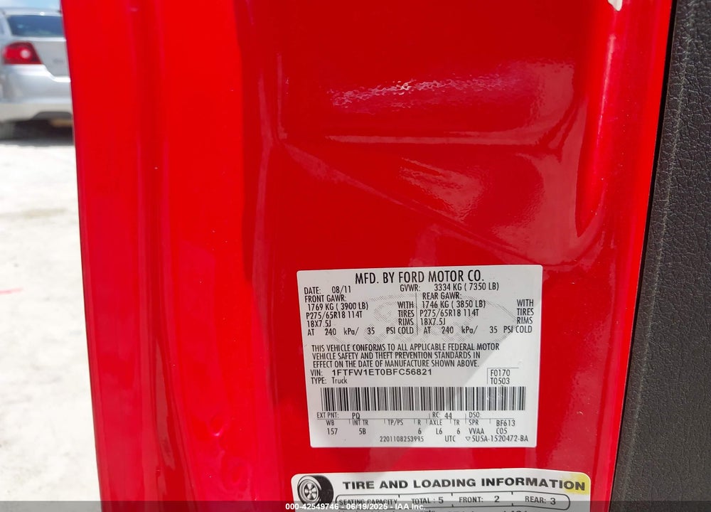 2011 FORD F-150 FX4 VIN: 1FTFW1ET0BFC56821