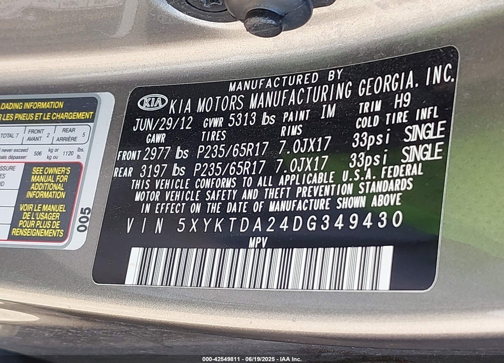 2013 KIA SORENTO VIN: 5XYKTDA24DG349430