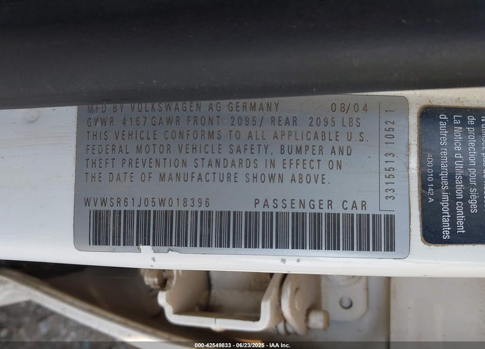 2005 VOLKSWAGEN JETTA GLS TDI VIN: WVWSR61J05W018396