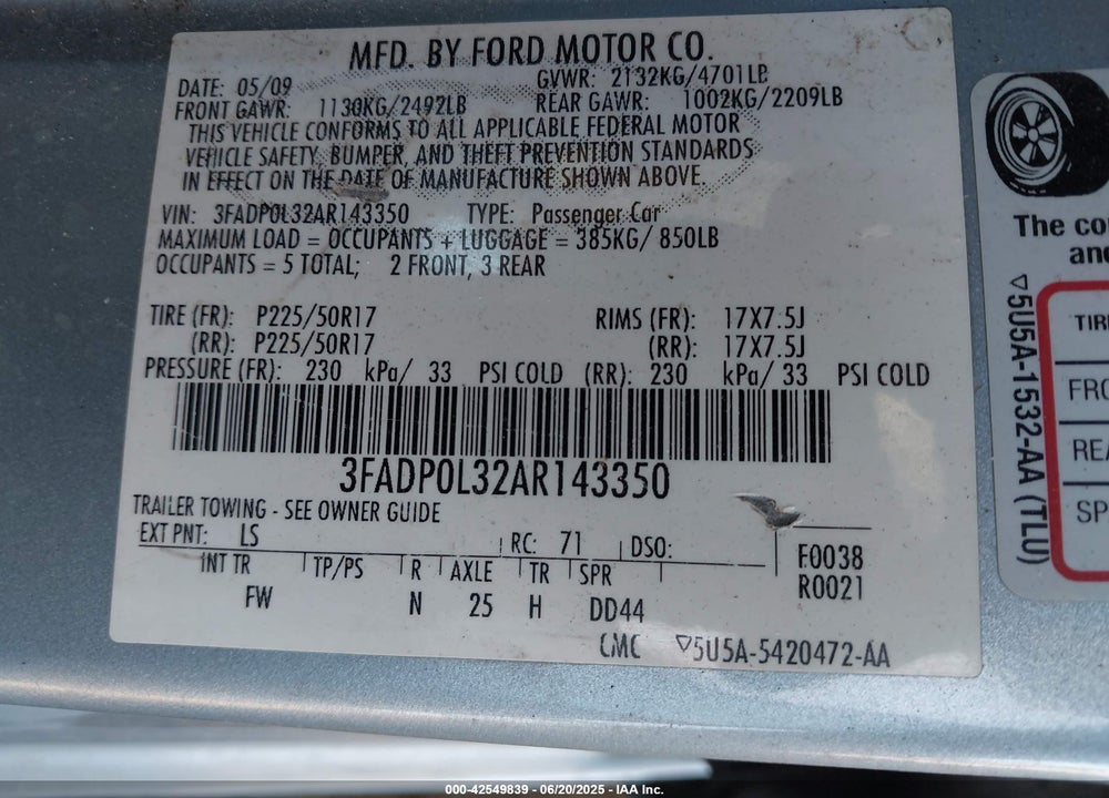 2010 FORD FUSION HYBRID VIN: 3FADP0L32AR143350