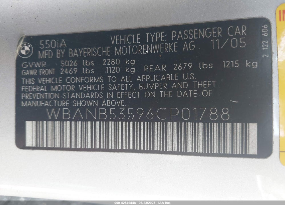 2006 BMW 550I VIN: WBANB53596CP01788