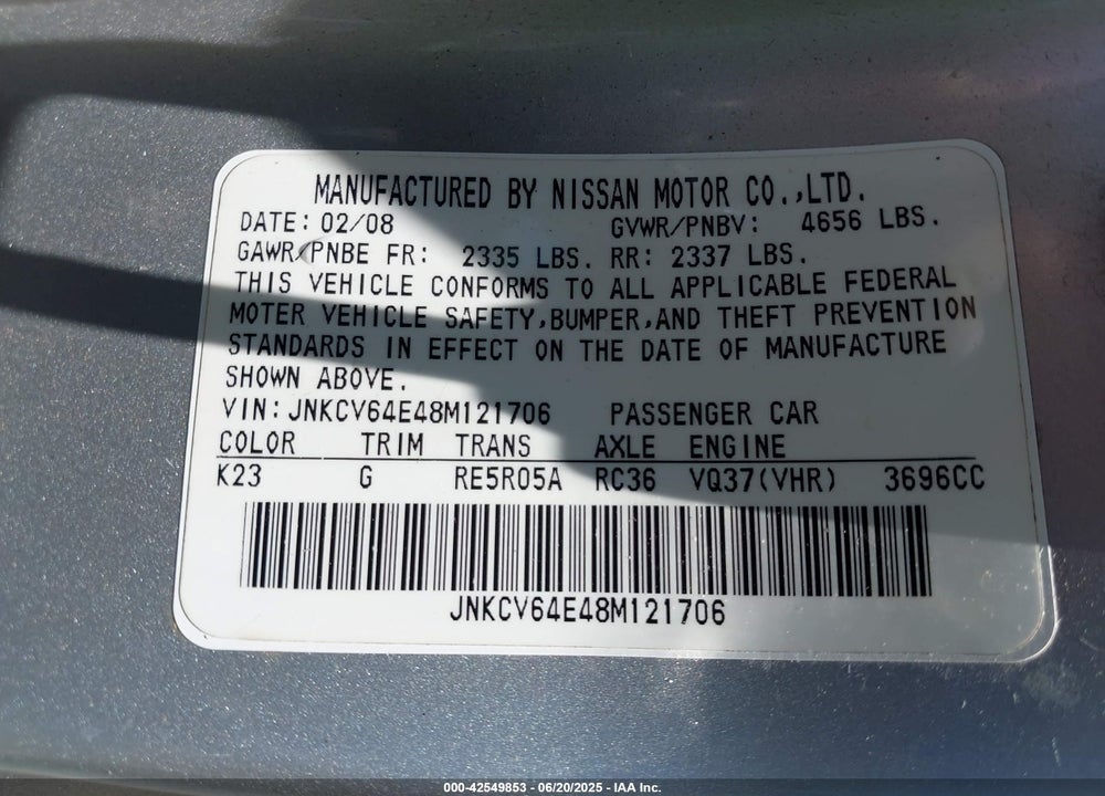 2008 INFINITI G37 VIN: JNKCV64E48M121706