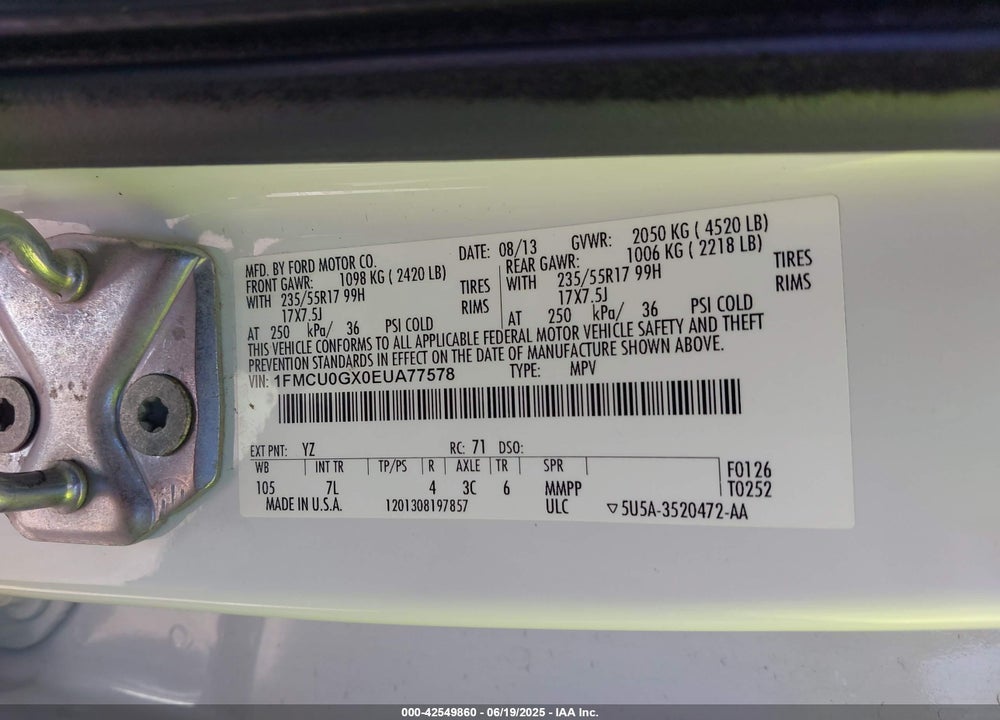 2014 FORD ESCAPE VIN: 1FMCU0GX0EUA77578