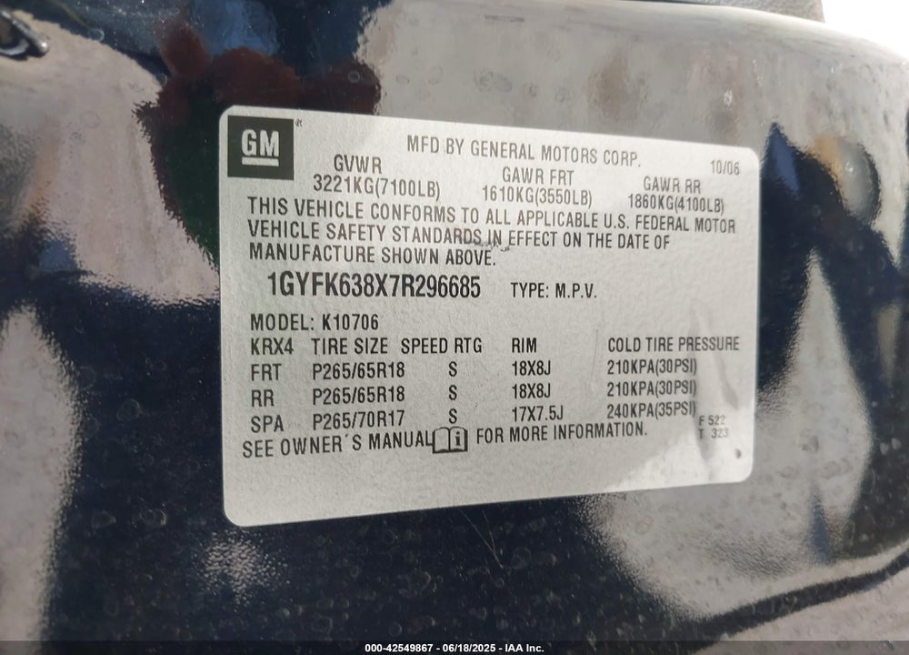 2007 CADILLAC ESCALADE VIN: 1GYFK638X7R296685