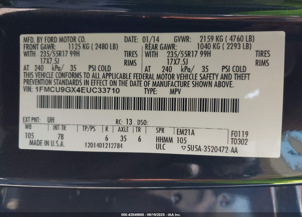 2014 FORD ESCAPE SE VIN: 1FMCU9GX4EUC33710