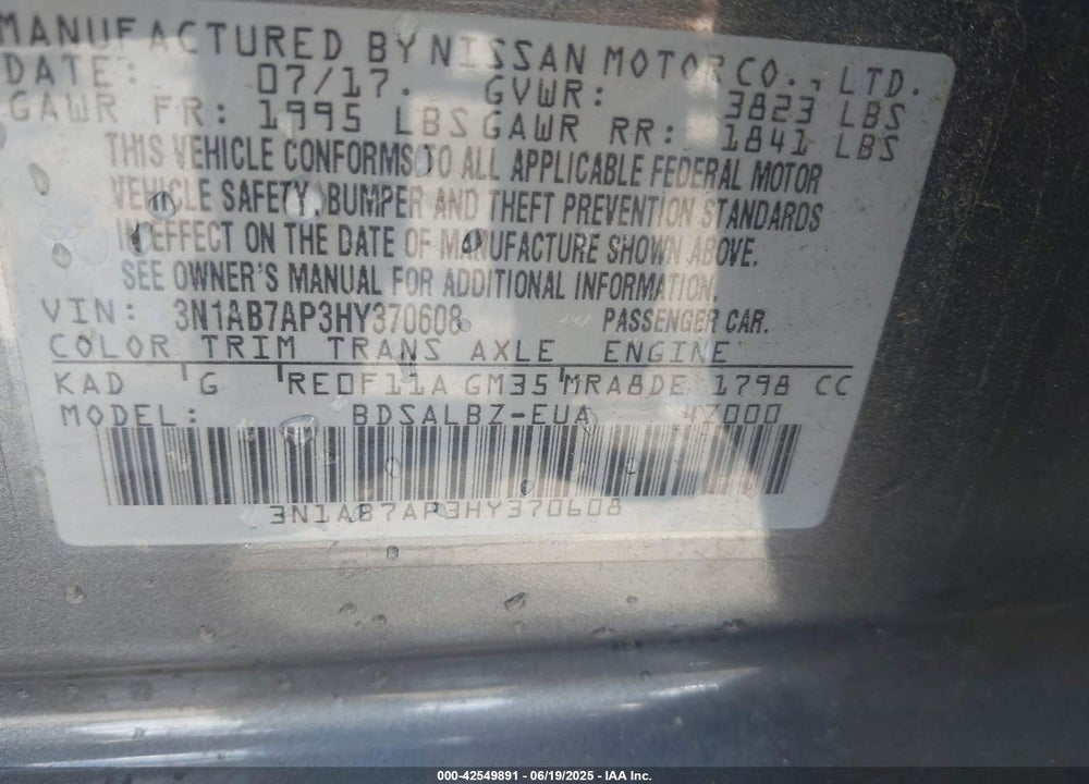 2017 NISSAN SENTRA VIN: 3N1AB7AP3HY370608
