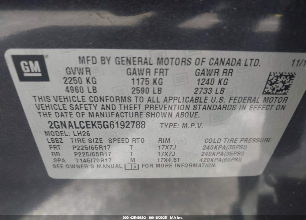 2016 CHEVROLET EQUINOX VIN: 2GNALCEK5G6192788