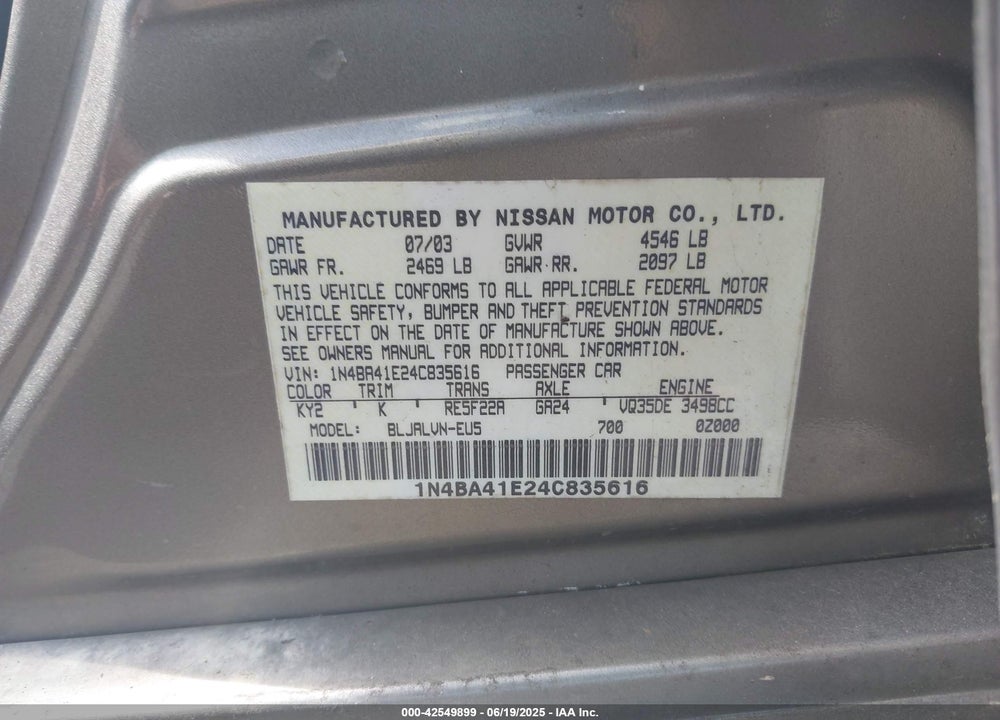 2004 NISSAN MAXIMA 3.5 SE VIN: 1N4BA41E24C835616