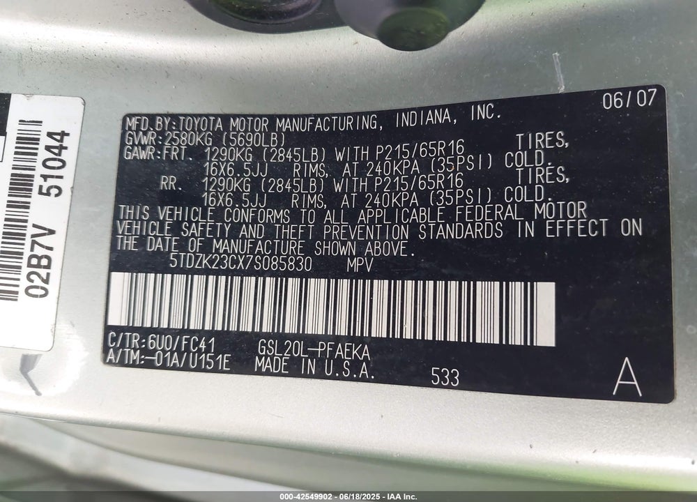 2007 TOYOTA SIENNA LE VIN: 5TDZK23CX7S085830