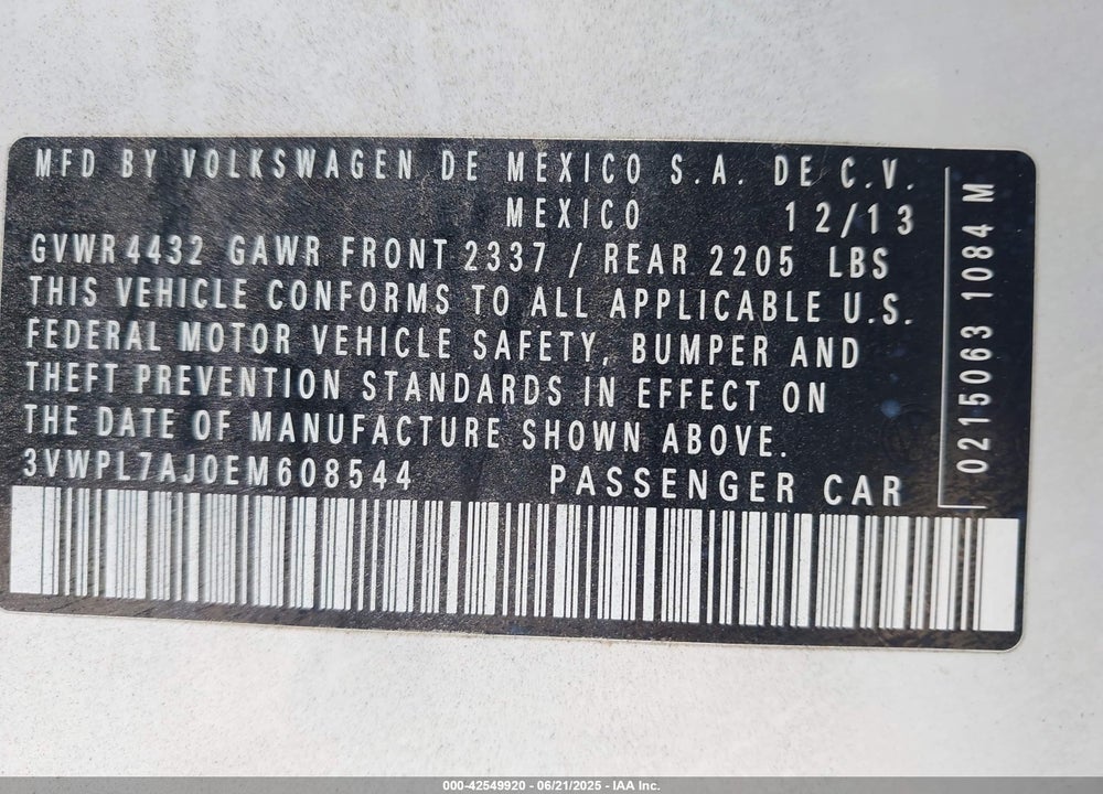 2014 VOLKSWAGEN JETTA VIN: 3VWPL7AJ0EM608544