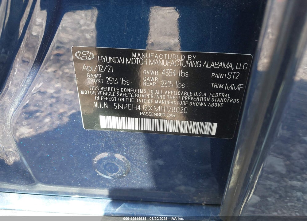 2021 HYUNDAI SONATA VIN: 5NPEH4J2XMH128020