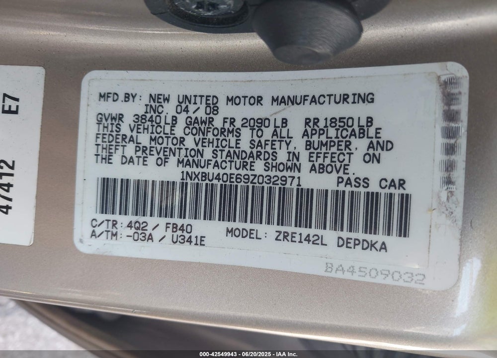 2009 TOYOTA COROLLA VIN: 1NXBU40E69Z032971
