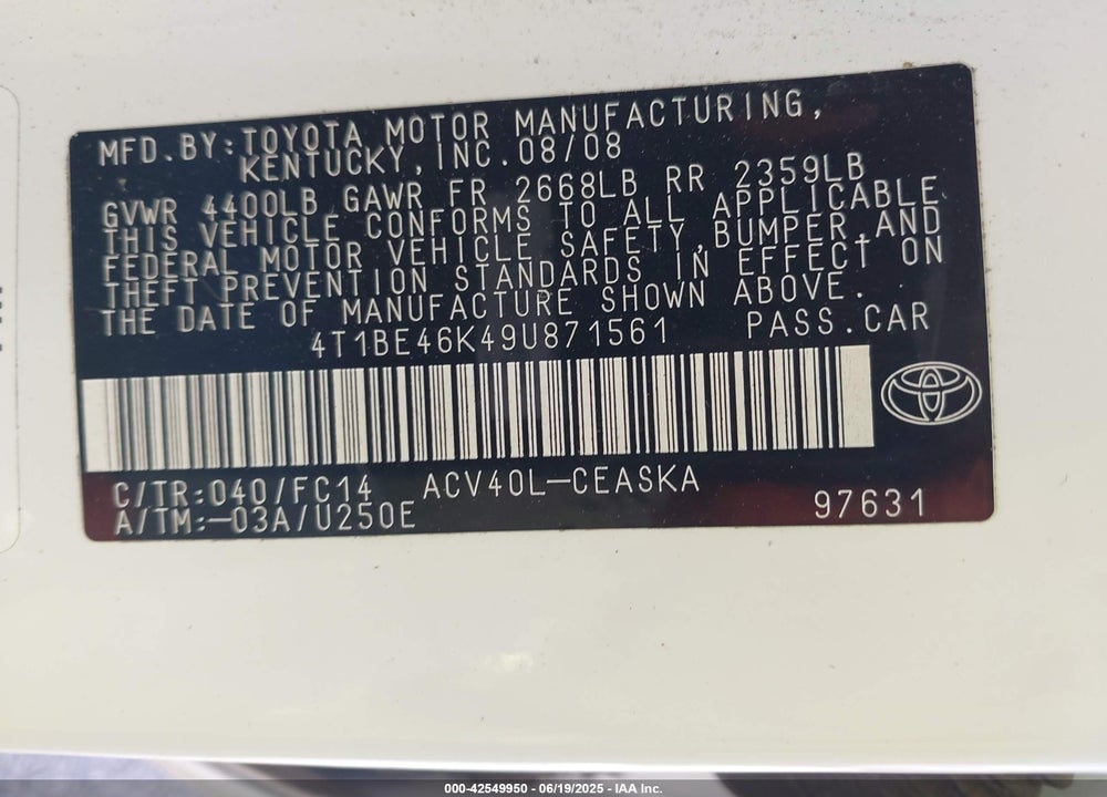 2009 TOYOTA CAMRY VIN: 4T1BE46K49U871561