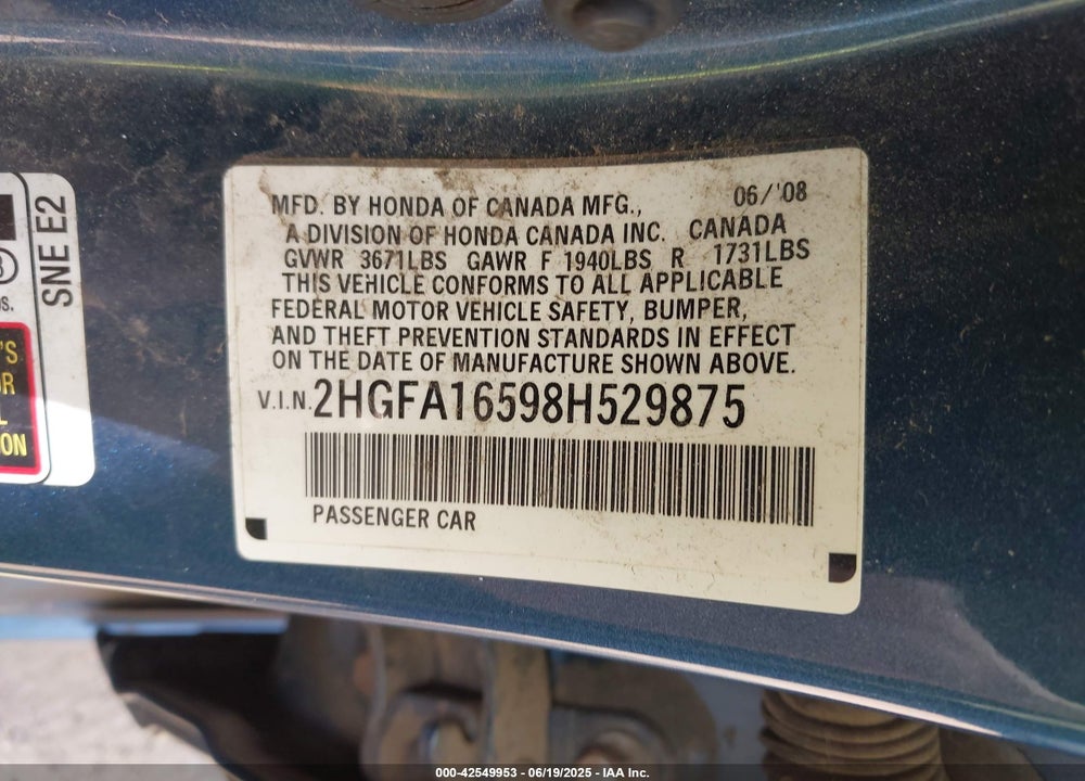 2008 HONDA CIVIC LX VIN: 2HGFA16598H529875