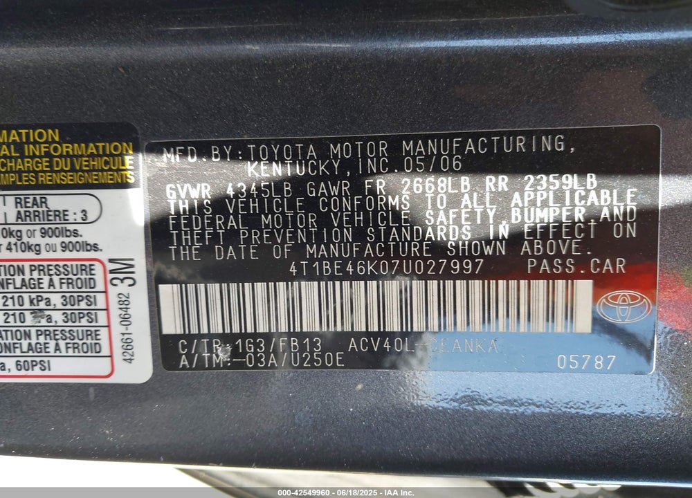 2007 TOYOTA CAMRY VIN: 4T1BE46K07U027997