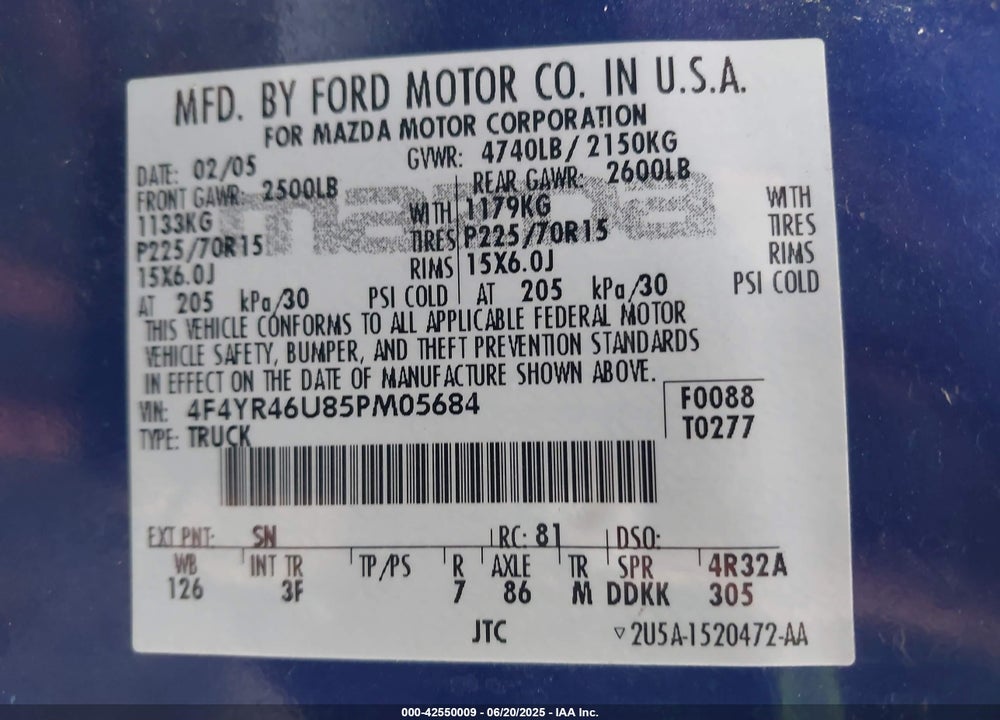 2005 MAZDA B3000 VIN: 4F4YR46U85PM05684