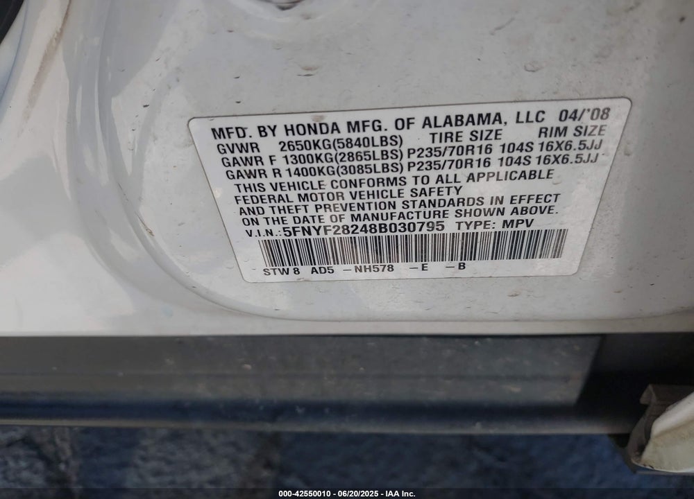 2008 HONDA PILOT VIN: 5FNYF28248B030795