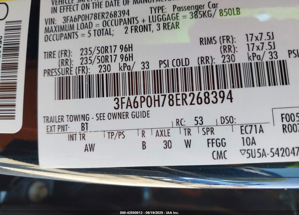 2014 FORD FUSION VIN: 3FA6P0H78ER268394