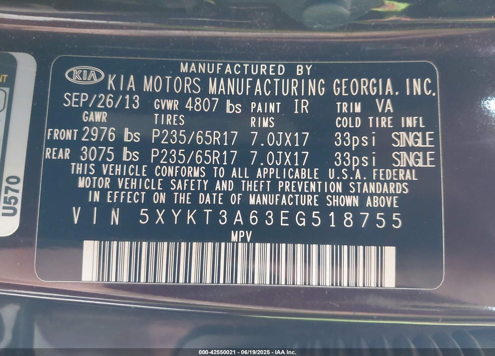 2014 KIA SORENTO VIN: 5XYKT3A63EG518755