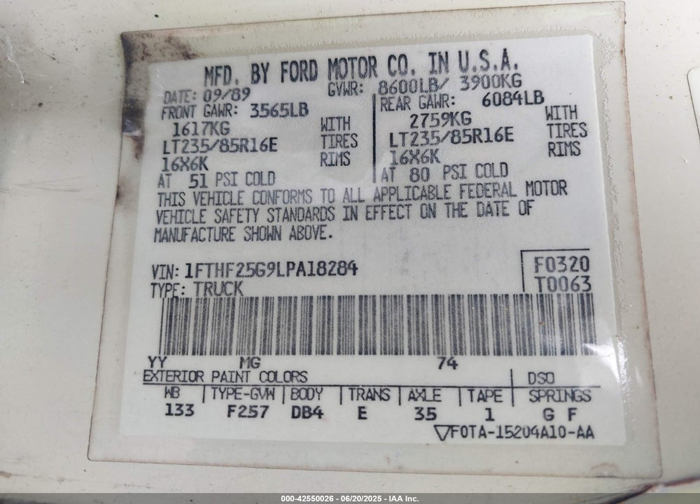 1990 FORD F250 VIN: 1FTHF25G9LPA18284