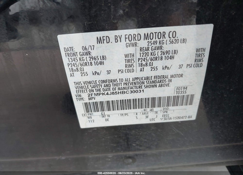2017 FORD EDGE VIN: 2FMPK4J85HBC30031