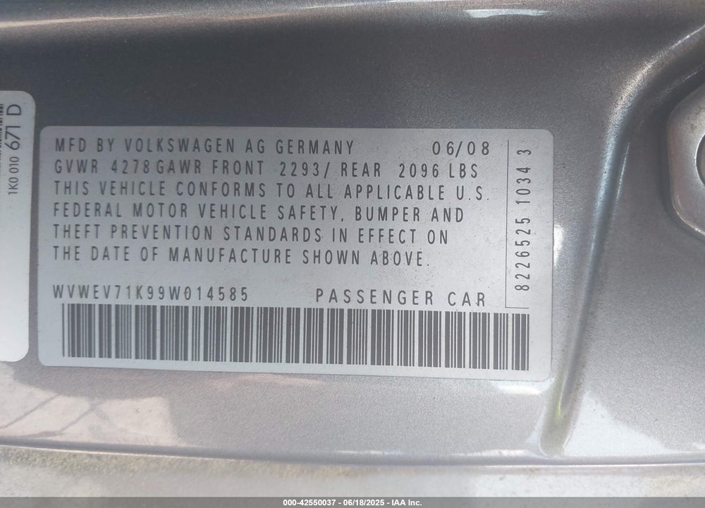 2009 VOLKSWAGEN GTI 2-DOOR VIN: WVWEV71K99W014585