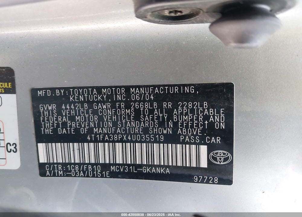 2004 TOYOTA CAMRY SOLARA SE VIN: 4T1FA38PX4U035519